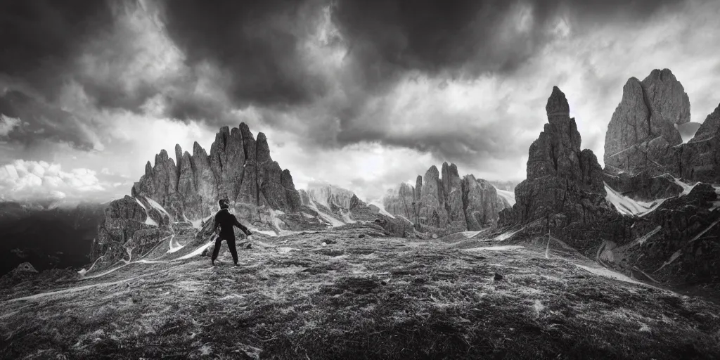 Image similar to dolomites, pastures, alps, alp, stars, dark, eerie, clouds that look like krampus, despair, portrait photography, artstation, highly detailed, sharp focus, 1 9 2 0 s photography, by cronneberg