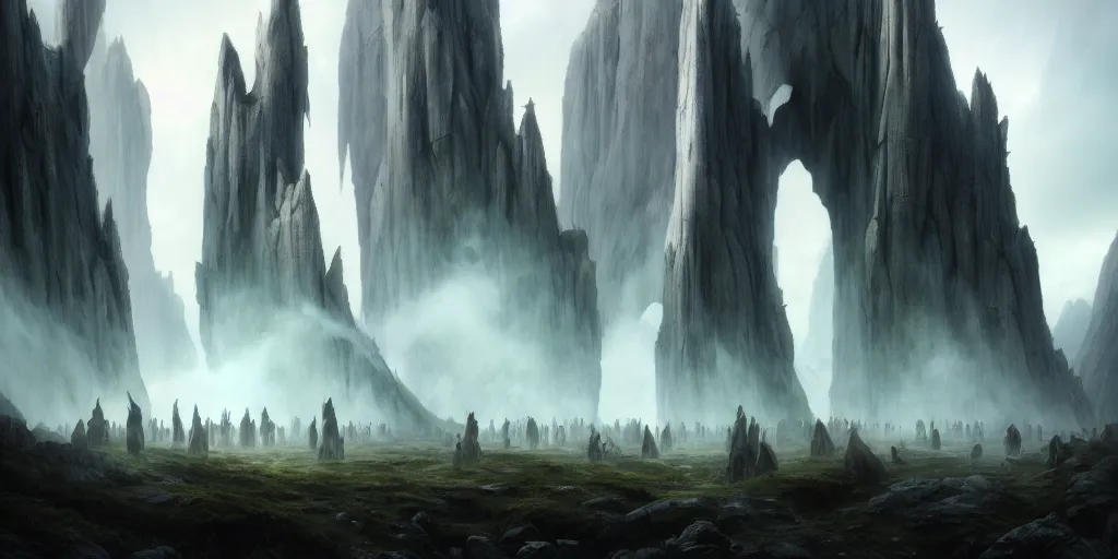 Image similar to the gates of argonath, dramatic lighting, colossal statues, by john howe, weta workshop, greg rutkowski, artgerm, ross tran, conrad roset, takato yomamoto. 4 k, beautiful, cinematic dramatic atmosphere, matte painting