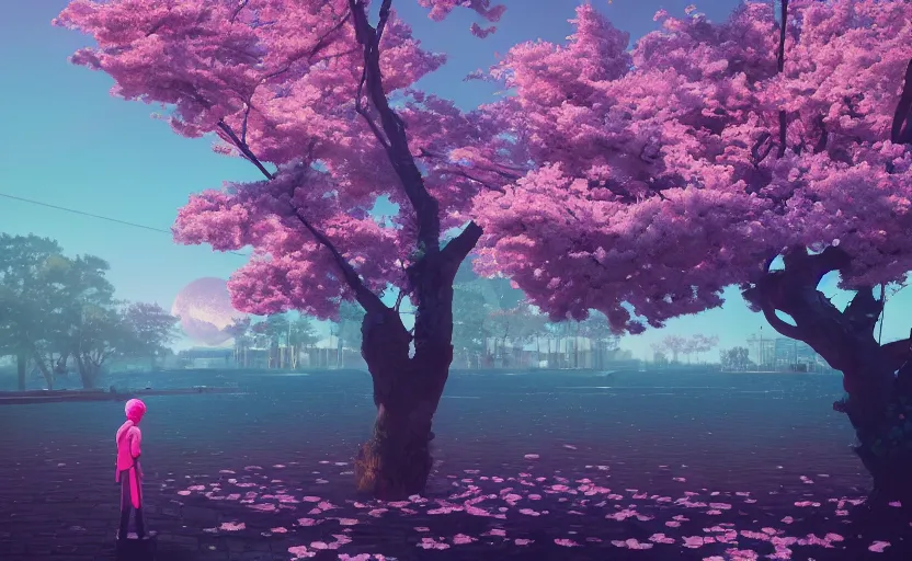 Prompt: cherry blossoms, Low level, rendered by Beeple, Makoto Shinkai, syd meade, simon stålenhag, synthwave style, digital art, unreal engine, WLOP, trending on artstation, 4K UHD image, octane render,