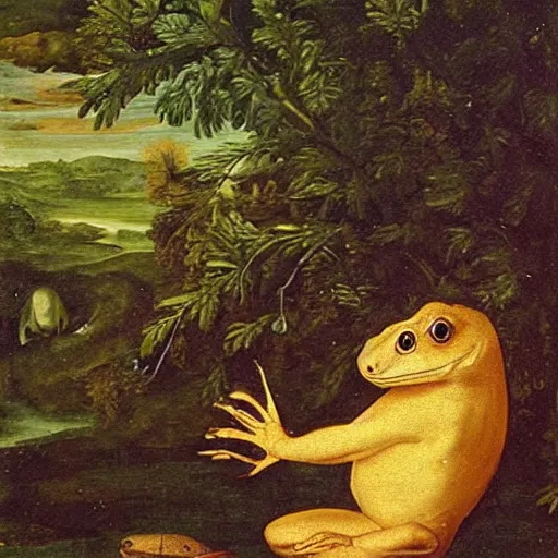 Image similar to “ beaver eating a frog, renaissance painting ”