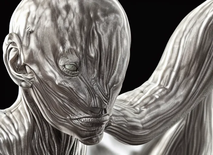 Image similar to stylized shiny polished silver statue full body extra limbs bizarre cosmic horror demonic demon made of marble of slug creature alien, perfect symmetrical body, perfect symmetrical face, hyper realistic, hyper detailed, by johannen voss, by michelangelo, octane render, blender, 8 k, displayed in pure white studio room