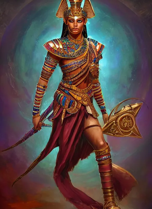 Image similar to sekmet egyptian inspired, ultra detailed fantasy, dndbeyond, bright, colourful, realistic, dnd character portrait, full body, pathfinder, pinterest, art by ralph horsley, dnd, rpg, lotr game design fanart by concept art, behance hd, artstation, deviantart, hdr render in unreal engine 5