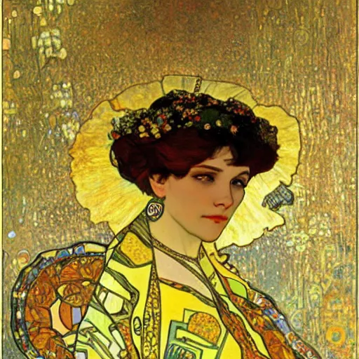 Image similar to portrait by klimt, alphonse mucha