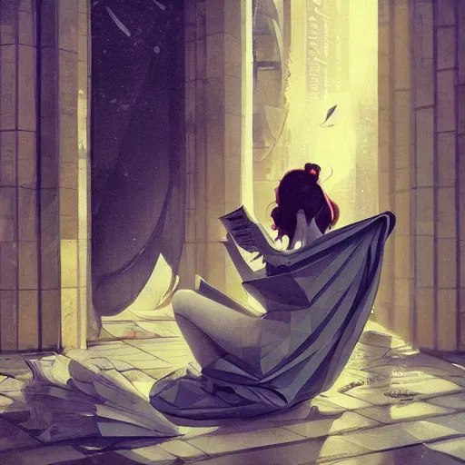 Image similar to seductive goddes reading newspaper in modern city in the style of Durand and greg rutkowski, beautiful, geometric, trending on artstation, cinematic