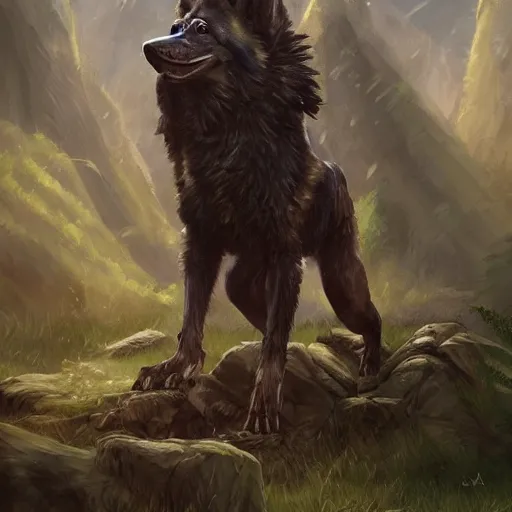 Image similar to a humanoid german shepherd beast - man posing as a eagle scout, highly detailed, digital painting, artstation, concept art, smooth, sharp focus, illustration, art by wlop