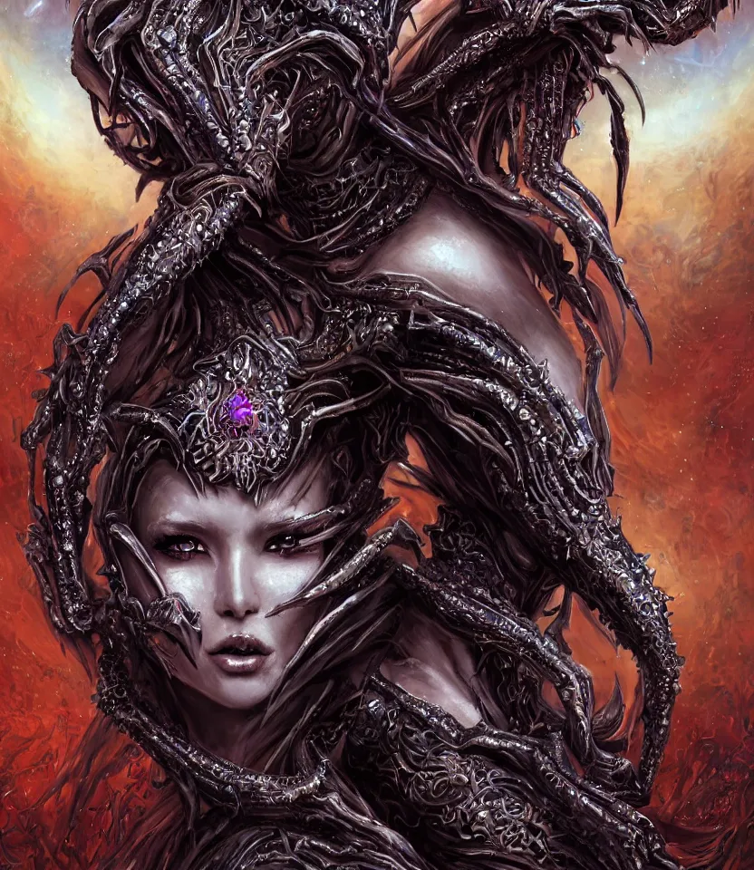 Image similar to close up portrait on the enchanting femenine queen of the zerg, hyper attractive, seductive, very complex, hyper-maximalist, overdetailed, legendary cinematic, darkfantasy, archetype with timeless beauty breathtaking eyes, her spider like legs spread evenly around her framing the image, collossal alien ship in the sky behind her, highly intricate, digital art, very elegant, HDR 8K, biblical art, realism, incomprehensible yet perspicious detail, unbeatable quality, silent hill aesthetic, photorealistic, lifelike, DSLR 8k, unbeatable coherency, Omnious intricate, octane render, created Nixeu & z--ed from deviantart