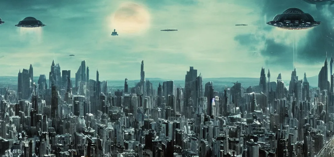 Image similar to very high resolution image from a new movie. a beautiful city landscape, alien invasion. 2 4 mm, photorealistic, photography, directed by stanley kubrick