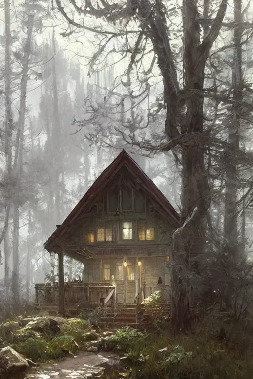 Prompt: beautiful painting by jeremy mann, cabin in a forest hill, absurdly beautiful, elegant, ultrafine hyperrealistic detailed illustration by wlop and artgerm and greg rutkowski, alphonse mucha, frank franzetta, craig mullins, intricate linework, sharp focus, smooth, octopath traveler, final fantasy, unreal engine, dramatic lighting, ethereal, 8 k