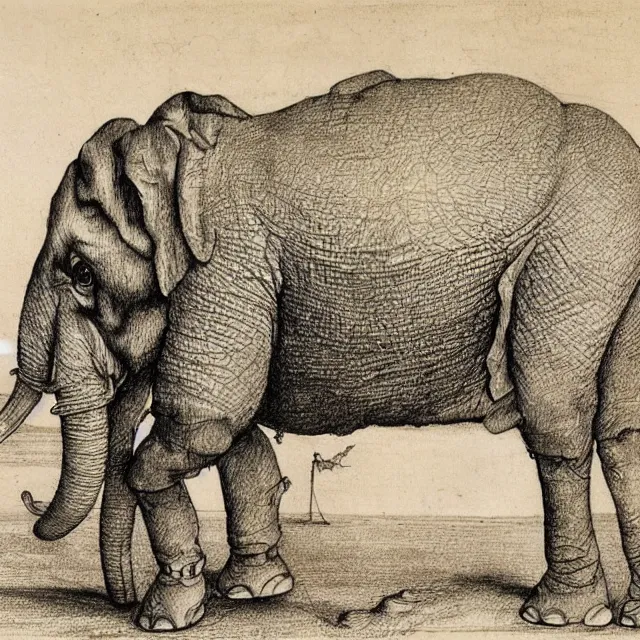 Prompt: a detailed, intricate drawing of a heavily armored elephant on a beach, by albrecht durer