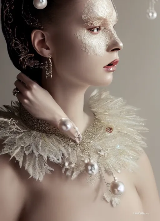 Prompt: high intricate porcelain baroque stunning woman portrait, lace collar, string of pearls, bird feathers, elegant, 8 k, glitter skin very white hyperrealistic hyperdetailed pastel, maria panfilova, andrea savchenko, sensual mike kime, ludovic plouffe, qi sheng luo, oliver cook, trending on artstation