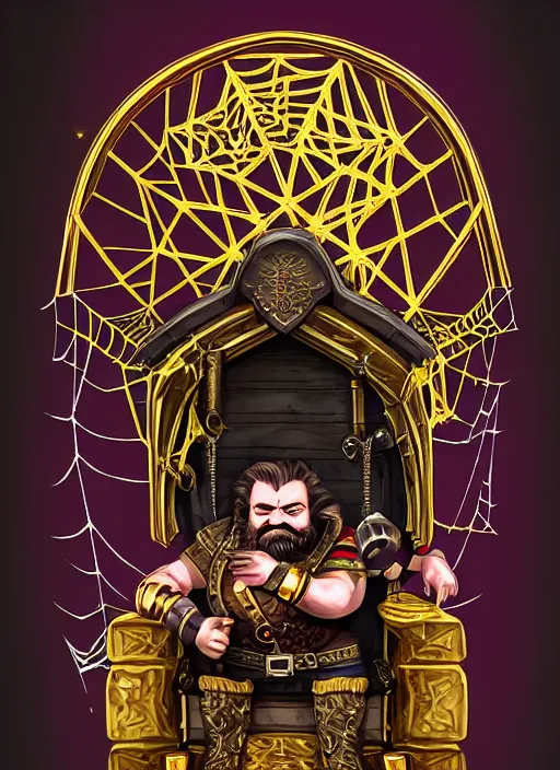 Image similar to dwarf fighter sitting in mechanical chair that has spider legs, gold and purple, exquisite details, black beard, white background, by studio muti