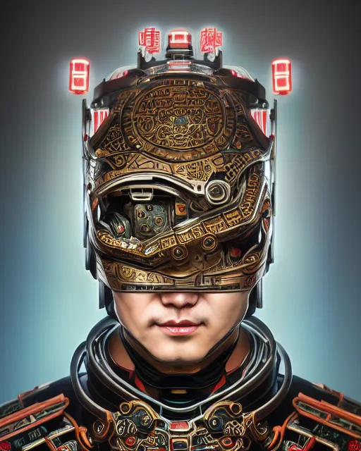 Image similar to portrait of a masculine male cyberpunk machine, machine face, upper half portrait, decorated with chinese opera motifs, asian, fine china, wuxia, traditional chinese art, intricate, elegant, highly detailed, symmetry, headpiece, digital painting, artstation concept art smooth sharp focus, illustration, art by artgerm and greg rutkowski alphonse mucha 8 k