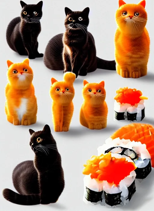 Image similar to clear photorealistic picture of adorable cats made out of sushi