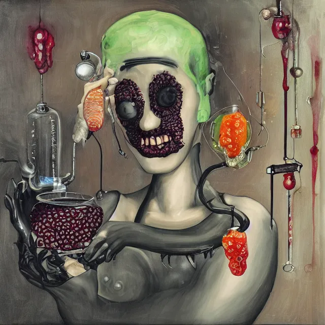 Prompt: dark kitchen of an art student, sensual portrait of a female transhuman holding a brain, japanese pottery, scales, tropical houseplants, test tubes, honey dripping from ceiling, berries dripping juice, pancakes, pomegranate, berries, octopus, scientific glassware, neo - expressionism, surrealism, acrylic and spray paint and oilstick on canvas