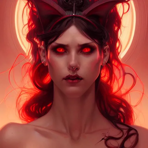 Prompt: Portrait of succubus, D&D, red eyes, face, fantasy, intricate, elegant, highly detailed, digital painting, artstation, concept art, smooth, sharp focus, illustration, art by artgerm and greg rutkowski and alphonse mucha