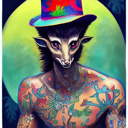 Image similar to a dik dik monster with tattoos, wearing a fedora, tattoos, colorful, digital art, fantasy, magic, trending on artstation, ultra detailed, professional illustration by basil gogos