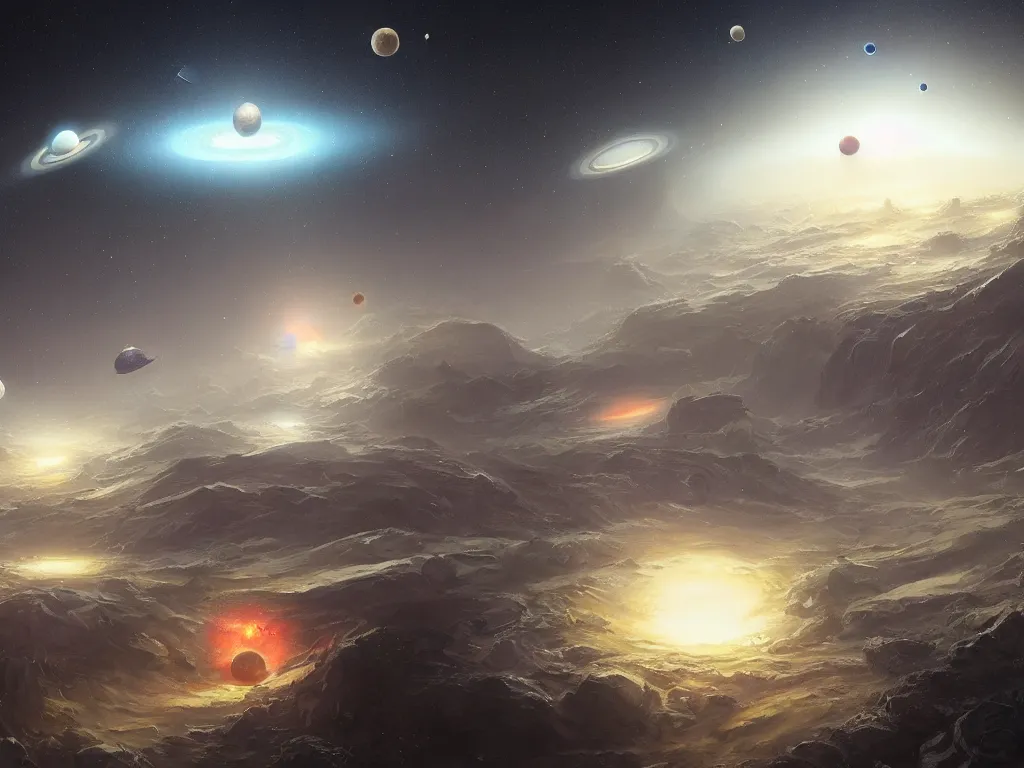 Prompt: A beautiful painting of a five planets, by greg rutkowski and Daniel Oxford, There are five planets that are black, white, yellow, red, and blue, behind the galaxy and the universe, Trending on artstation, concept art