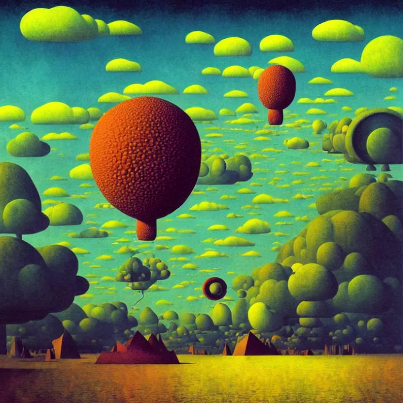 Image similar to surreal glimpse into other universe, airship floating, sky island, summer morning, very coherent and colorful high contrast, art by! gediminas pranckevicius, rene magritte! paul klee geof darrow, volumetric lighting, cinematic, floralpunk screen printing woodblock, dark shadows, hard lighting, stipple brush