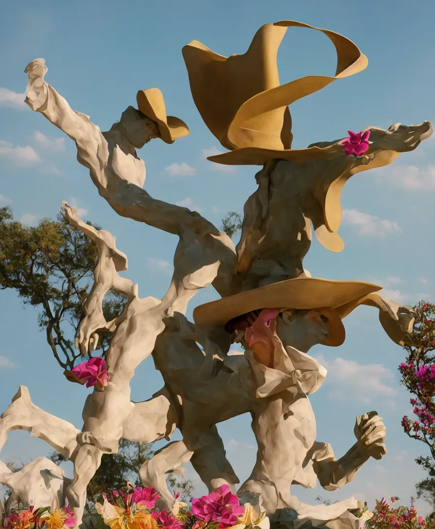 Image similar to a cowboy turning into blooms by slim aarons, by zhang kechun, by lynda benglis. tropical sea slugs, angular sharp tractor tires. complementary bold colors. photo of a manly cowboy. warm soft volumetric dramatic light. national geographic. 8 k, rendered in octane, smooth gradients. angular sculpture by antonio canova by gian lorenzo bernini.