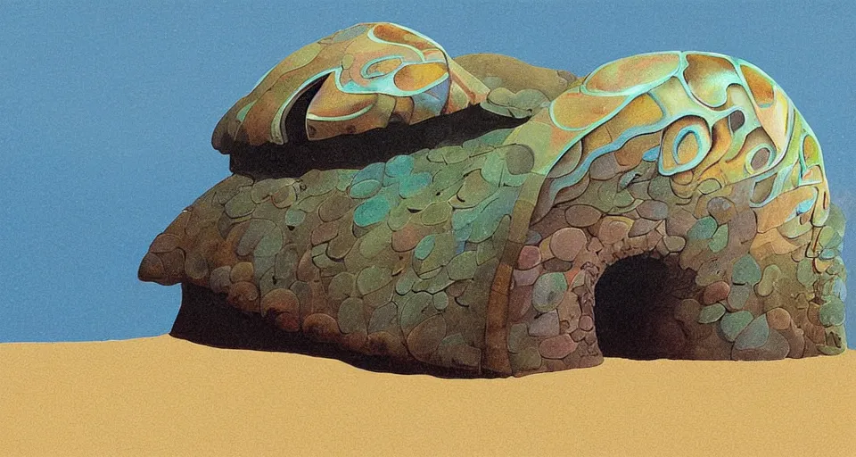 Image similar to painting of a giant abalone - shaped seashell house in the ocean, by roger dean, john harris, cell shaded graphics, concept art, minimalist