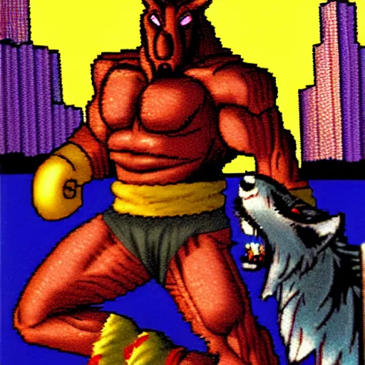 Image similar to full body portrait. 1 6 bit sega graphics. antropomorphic muscular masculine wolf, kickboxer fighter, in shorts, in front of destroyed city. wolf head. furr on body. at night. 1 9 8 9