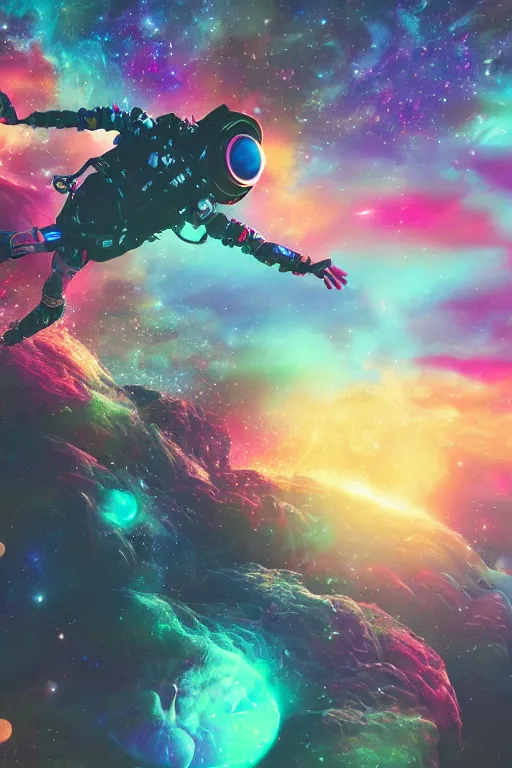 Image similar to psychedelic astronaut letting go of reality and experiencing the quantum feild, matte painting comic book art, cinematic, highly detailed, realistic, beautiful cosmic neural network, octane render, unreal engine, depth of field, trending on artstation, sharp focus, philosophical splashes of colors