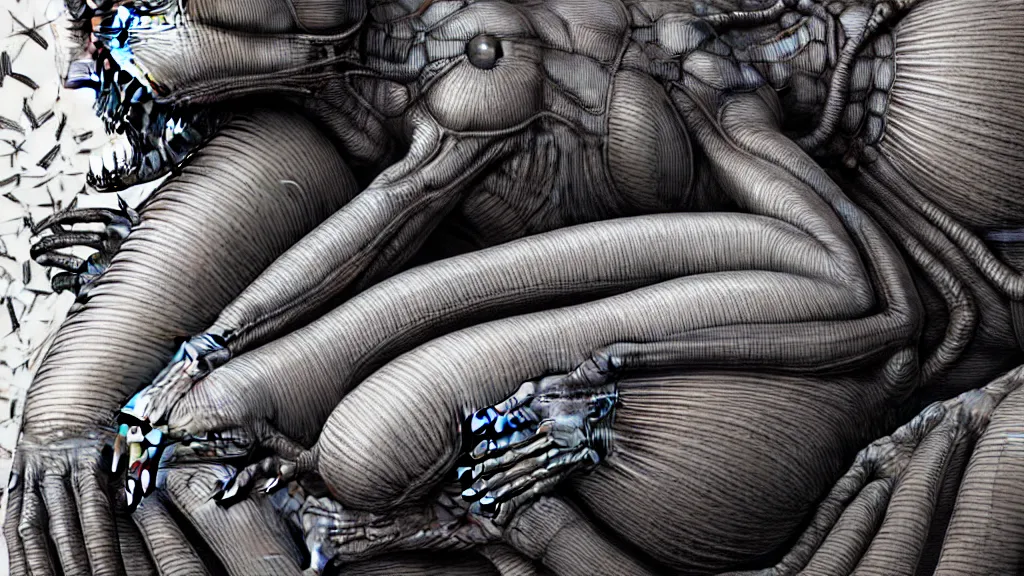 Image similar to comfortable bed that makes me want to sleep, hyperdetailed, artstation, cgsociety, style of Giger, H. R. GIGER, style of Junji Ito, 4K, highly detailed, minimalistic, minimalistic, minimalistic, fine tuned, machina