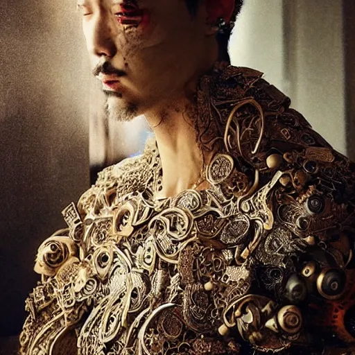 Image similar to fully clothed portrait, akihito yoshida, asaf hanuka, weta fx, cinematic, dramatic, filmic, in a symbolic and meaningful style, insanely detailed and intricate, hypermaximalist, elegant, ornate, hyper realistic, super detailed