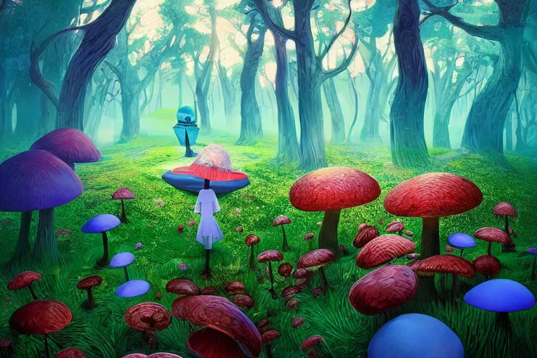 Prompt: alice in wonderland digital illustration by ilya kuvshinov, colorful surreal psychedelic mushroom forest by beeple