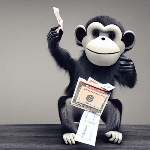 Image similar to photograph of a monkey dressed as a loan shark collecting money