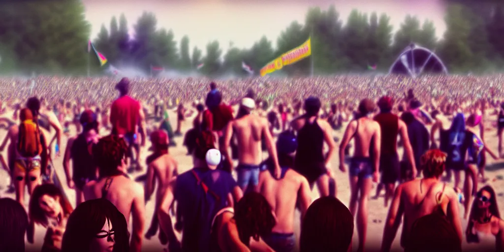 Image similar to Photorealistic people at woodstock 99 by KDA and Sam Yang, trending on artstation