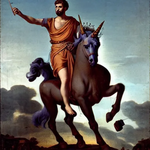 Prompt: roman emperor riding a wild unicorn, 8 k,