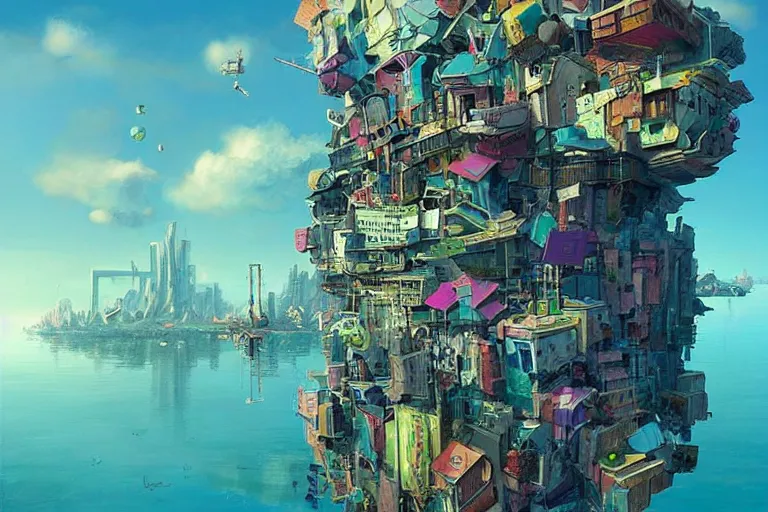 Image similar to surreal cyberpunk city, floating house in the sky, summer morning, very coherent and colorful high contrast, art by!!!! gediminas pranckevicius!!!!, geof darrow, dark shadows, hard lighting