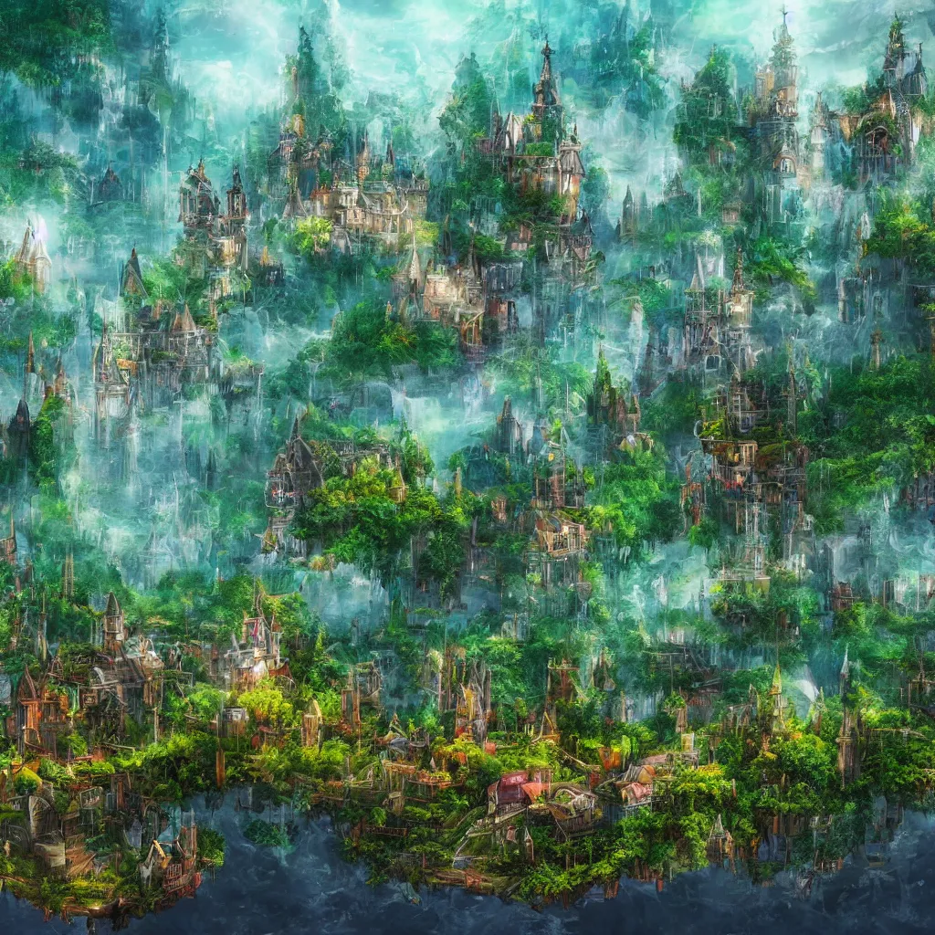 Prompt: a fantasy dream floating city, forest background