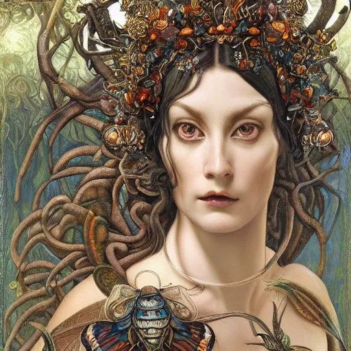 Prompt: a baroque neoclassicist closeup renaissance portrait of a beautiful forest queen with glowing eyes, moth wings with iridescent geometric patterns, reflective detailed textures, dark fantasy science fiction painting by diego rivera and donato giancola and jean delville and nicholas roerich and tom bagshaw, goth, dramatic lighting, gleaming silver and rich colors, artstation, octane render