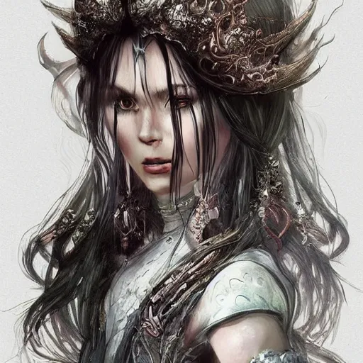 Prompt: a pricess with long hairs in a dress, highly detailed, dramatic, fantasy concept art by terry wei, OWL Studio and J.Dickenson, trending on Artstation, Pinterest, inspired by Lord of the Rings