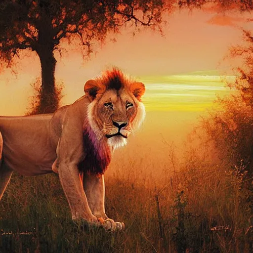 Image similar to twin flame lioness and lion art pink sunset hue highly detailed oil painting hue by craig mullins