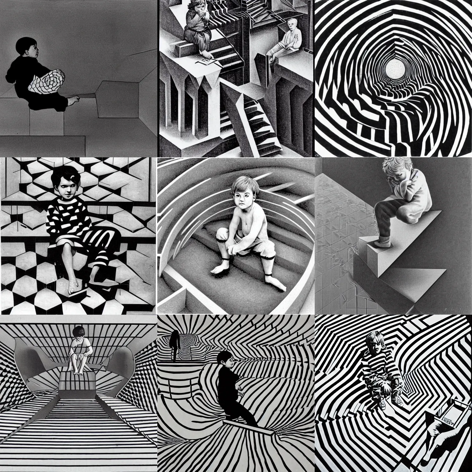 Prompt: small angel boy sitting in the abstract endless steps by roger penrose, mc escher, optical illusion