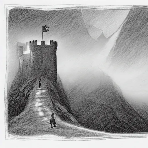 Image similar to pencil art, highly detailed, picture of hero walking on a path of a castle on a mountain