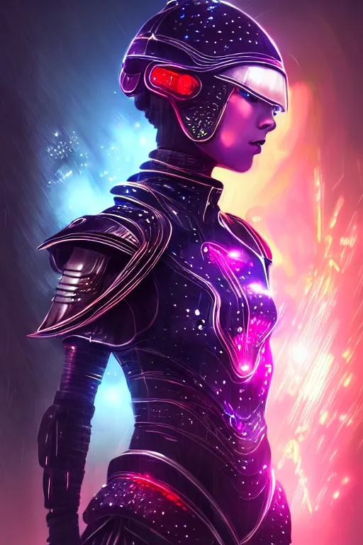 Image similar to portrait futuristic wuxia armor heroine Girl with thunder and fire sparkles and starlight, fighting in future cyberpunk tokyo heavy rainning rooftop , ssci-fi, fantasy, intricate, very very beautiful, elegant, human structure, neon light, highly detailed, digital painting, artstation, concept art, smooth, sharp focus, illustration, art by tian zi and WLOP and alphonse mucha