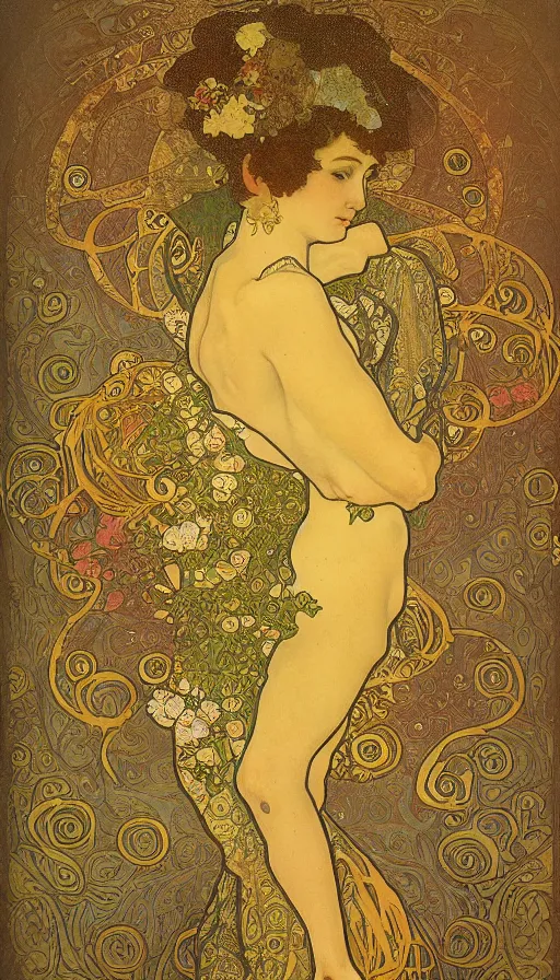 Image similar to a combination of the art styles of Alphonse Mucha and Gustav Klimt, gold leaf, faded colors
