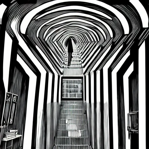 Image similar to a huge bright maze of many doorways and lots of stairs, artstation, Junji Ito, epic composition