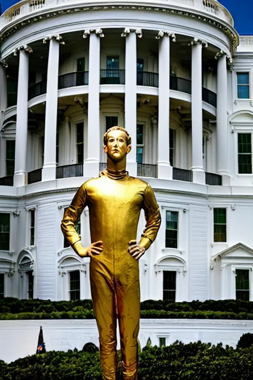 Image similar to A beautiful gold statue of Mark Zuckerberg in front of the White House, photo by Steve McCurry, heroic pose, detailed, smooth, smiling, professional photographer