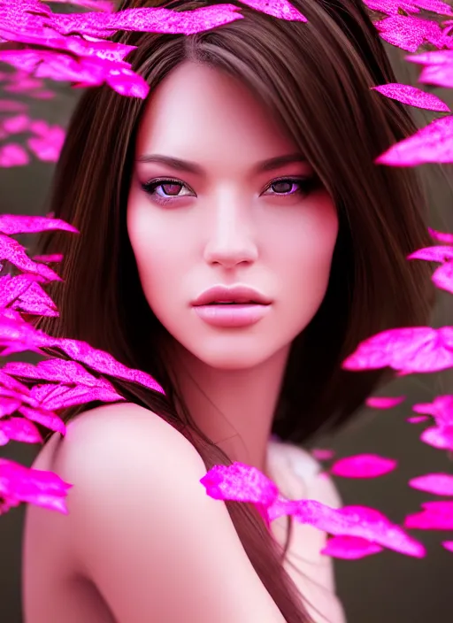 Image similar to photo of a gorgeous female in the style of stefan kostic, realistic, half body shot, sharp focus, 8 k high definition, insanely detailed, intricate, elegant, art by stanley lau and artgerm, extreme bokeh pink foliage