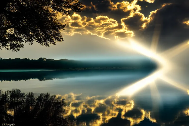 Prompt: god rays illuminating a boat in a calm lake, water mirror, cloudy sky, award winning, 1 2 0 0 mm