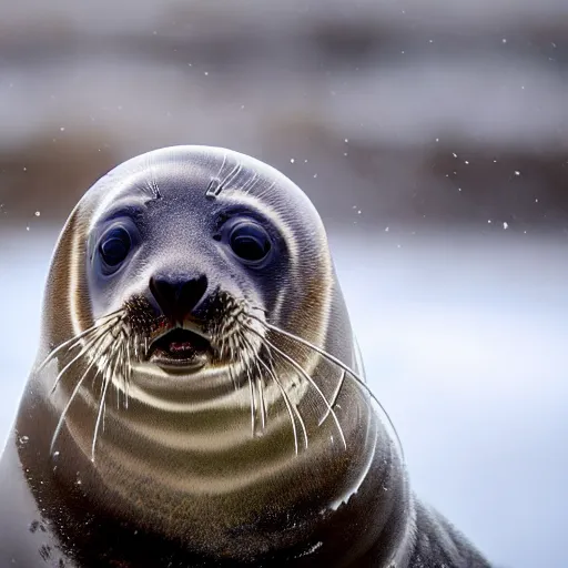 Image similar to Photorealistic photograph of a cute seal pup in snow, photorealism, photorealistic, realism, real, highly detailed, ultra detailed, detailed, cute, emotional, shutter speed 1/1000, 60mm Focal Length, Canon EOS 90D, Wildlife Photographer of the Year, Pulitzer Prize for Photography, 8k