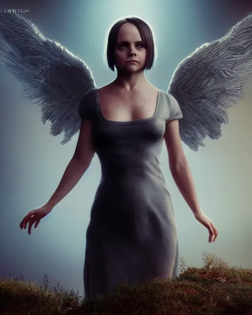 Image similar to Full body potrait of christina Ricci as an angel, hyper realistic, prismatic highlights, atmosphere, gorgeous, depth of field, cinematic, macro, concept art, 50mm, artstation, wlop, elegant, epic, weta digital, focus, octane render, v-ray, 8k, kodak portra, art by Liberatore