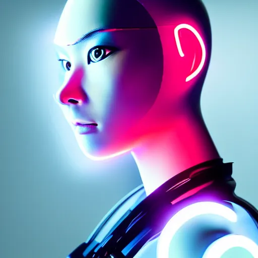 Image similar to beautiful japanese cyborg with led projection skin, neon lighting, techno neon background, portrait photo, octane render