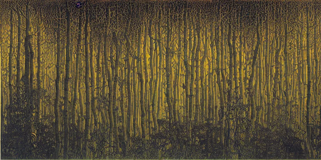 Prompt: a dark foggy golden blue forest, Tarkovsky style, eerie, pulsating , Ernst Haeckel, Klimt, Henri Rousseau