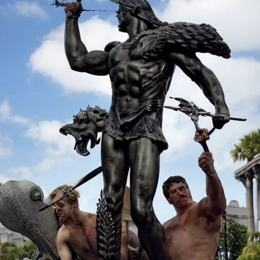 Image similar to The kinetic sculpture depicts the mythical hero Hercules in the moments after he has completed one of his twelve labors, the killing of the Hydra. Hercules is shown standing over the dead Hydra, his body covered in blood and his right hand still clutching the sword that slew the beast. His face is expressionless, betraying neither the exhaustion nor the triumph that must surely accompany such a feat. dark blue, cosmic nebulae by Ando Fuchs elegant